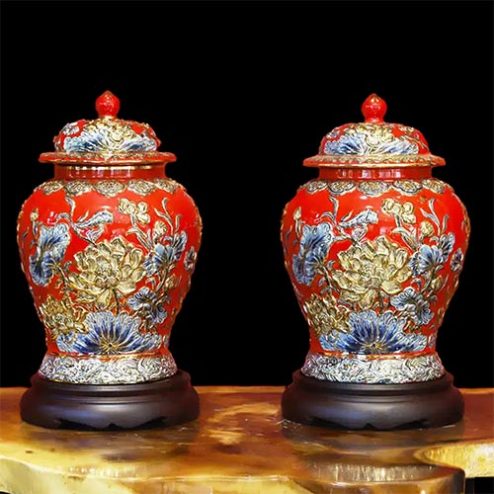 Choé Phong Thuỷ Bát Tràng Màu Đỏ Đắp Nổi Hoa Sen Vẽ Vàng DT978