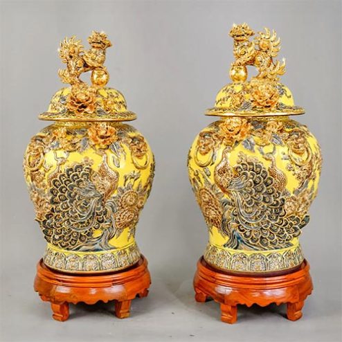 Choé Phong Thuỷ Công Đào Kênh Men Vàng Đắp Nổi Vẽ Vàng DT983