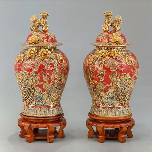 Choé Phong Thuỷ Màu Đỏ Cao Cấp Công Đào Vẽ Vàng Đắp Nổi DT979