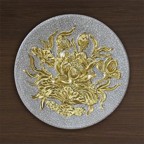 Đĩa Cau Bát Tràng Cao Cấp Men Rạn Đắp Nổi Dát Vàng DT877