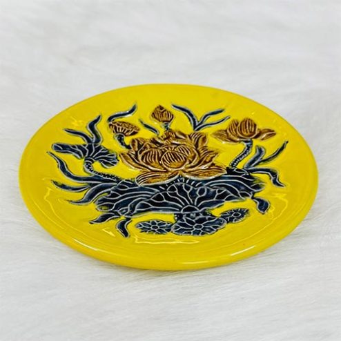 Đĩa Cau Men Màu Vàng Đắp Nổi Bát Tràng DT871