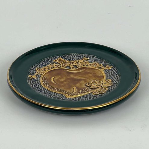 Đĩa Cau Thờ Cao Cấp Men Màu Xanh Đắp Nổi Vẽ Vàng DT893