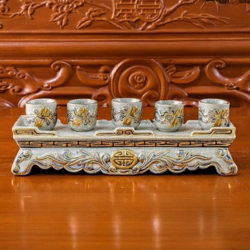 Kỷ Chén Thẳng Men Rạn Đắp Nổi Vẽ Vàng Cao Cấp DT989