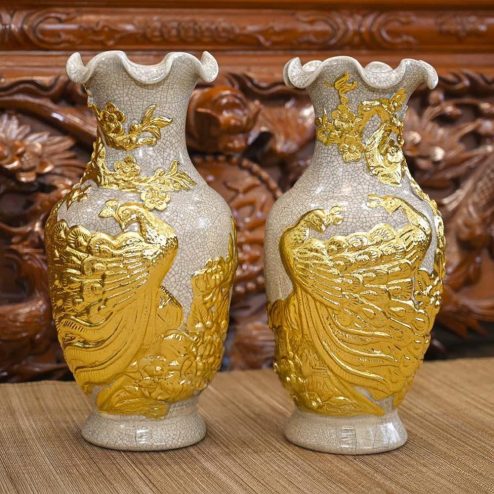 Lọ Hoa Công Đào Men Rạn Đắp Nổi Dát Vàng Miệng Lượn Bát Tràng DT986