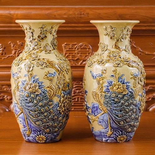 Lọ Hoa Lộc Bình Cổ Tròn Hoàng Thổ Đắp Nổi Công Đào DT950