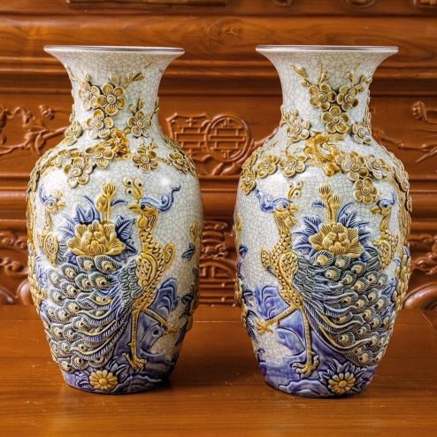 Lọ Hoa Lộc Bình Công Đào Men Rạn Đắp Nổi Bát Tràng DT949