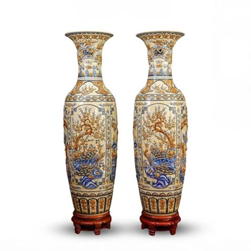 Lọ Lộc Bình Bát Tràng Hoàng Thổ Đắp Nổi Mẫu Tứ Cảnh DT925