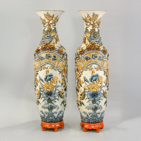 Lọ Lộc Bình Bát Tràng Phúc Lộc Thọ Men Rạn Đắp Nổi DT918