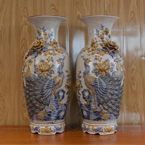 Lọ Lộc Bình Công Đào Kênh Men Rạn Đắp Nổi DT955