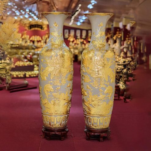 Lọ Lộc Bình Hoa Sen Men Rạn Đắp Nổi Dát Vàng Bát Tràng DT936