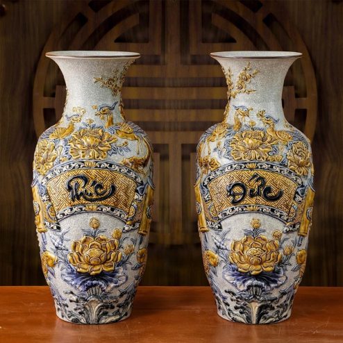 Lọ Lộc Bình Phúc Đức Cao 56cm Men Rạn Đắp Nổi DT951