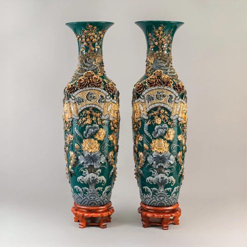 Lọ Lộc Bình Phúc Lộc Thọ Kênh Men Màu Xanh Đắp Nổi Bát Tràng DT932