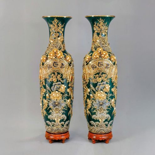 Lọ Lộc Bình Vẽ Vàng Xanh Lục Bảo Đắp Nổi Phúc Lộc Thọ DT945