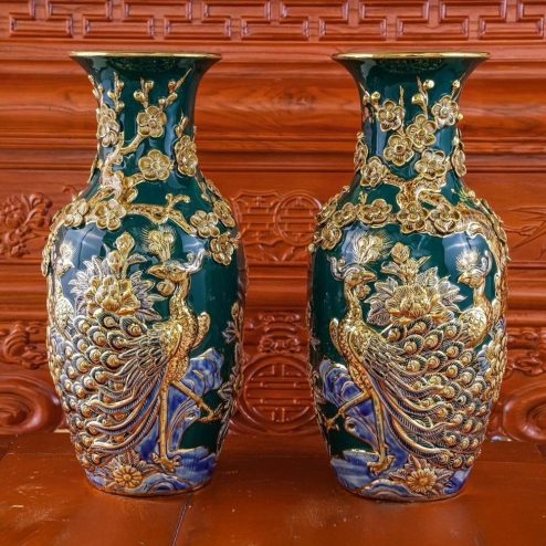 Lọ Lộc Bình Xanh Lục Bảo Đắp Nổi Công Đào Vẽ Vàng DT957