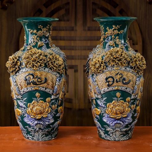 Lọ Lộc Bình Xanh Lục Bảo Phúc Đức Đắp Nổi Bát Tràng DT953