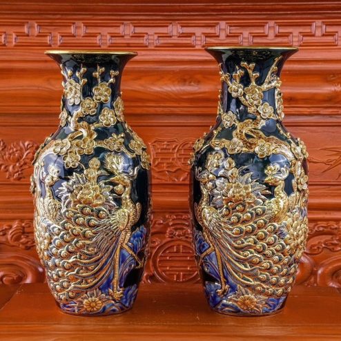 Lộc Bình Xanh Coban Công Đào Đắp Nổi Vẽ Vàng Cao Cấp DT956