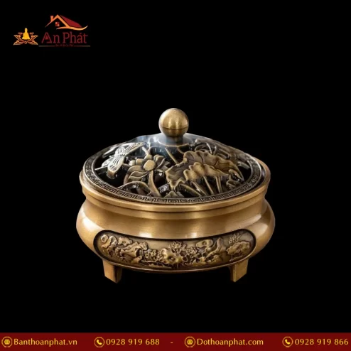 Lư Xông Trầm Bằng Đồng 3 Chân Hoa Sen PK9529 An Phát