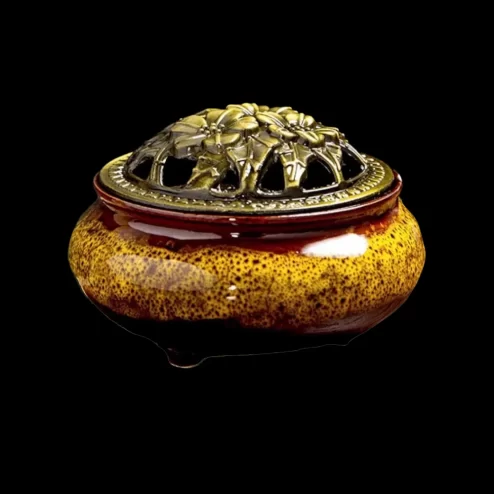 Lư Xông Trầm Hương Gốm Vân Rạn Nâu Vàng PK9514