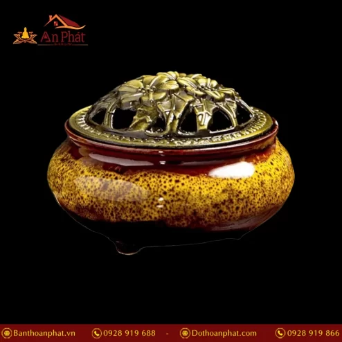 Lư Xông Trầm Hương Gốm Vân Rạn Nâu Vàng PK9514