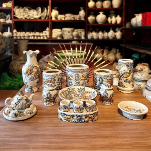 Bộ Đồ Thờ Bàn Treo 3 Bát Hương Nhỏ Men Rạn Bát Tràng BDT163