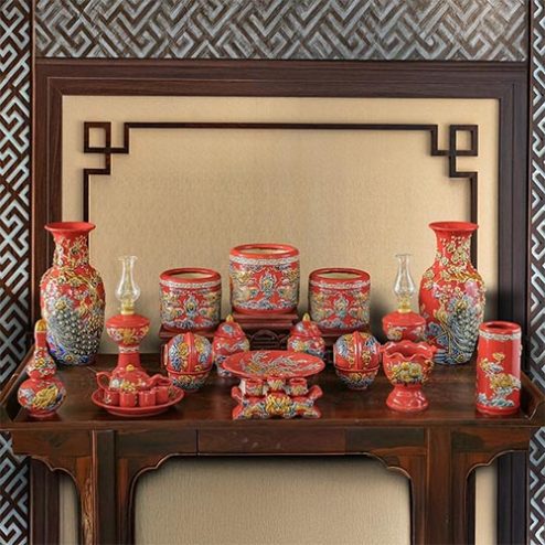 Bộ Đồ Thờ Bát Tràng Men Màu Đỏ Đắp Nổi BDT189