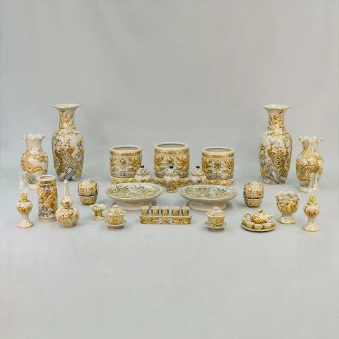 Bộ Đồ Thờ Cao Cấp Vẽ Vàng Men Rạn Đắp Nổi Gốm Sứ Bát Tràng BDT179