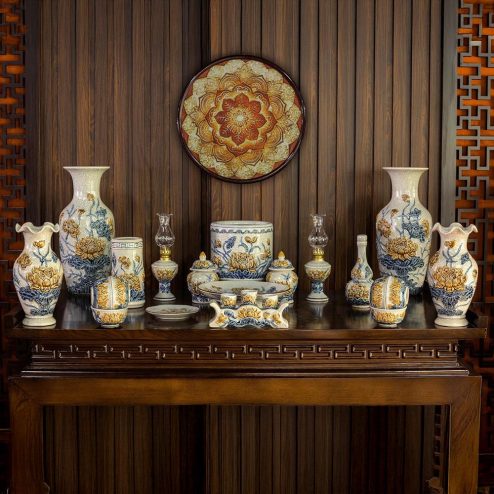 Bộ Đồ Thờ Cho Bàn Thờ Chung Cư Nhỏ Gọn Men Rạn Đắp Nổi BDT159