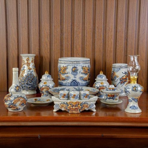 Bộ Đồ Thờ Cho Bàn Thờ Treo Tường Men Rạn Bát Tràng BDT170