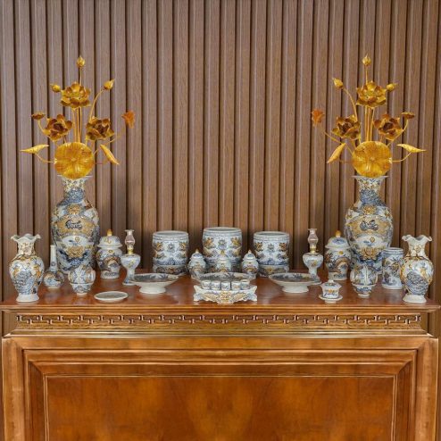 Bộ Đồ Thờ Gốm Sứ Bát Tràng Men Rạn Đắp Nổi BDT165