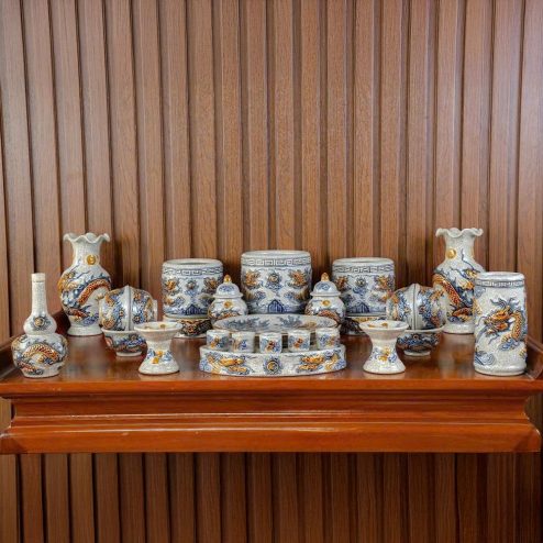 Bộ Đồ Thờ Gốm Sứ Bát Tràng Thờ 3 Bát Hương Men Rạn Đắp Nổi BDT167