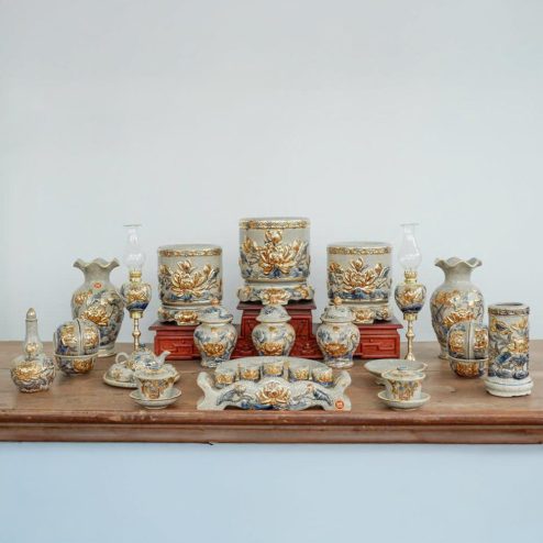 Bộ Đồ Thờ Hoa Sen Vẽ Vàng Cao Cấp Gốm Sứ Bát Tràng BDT180