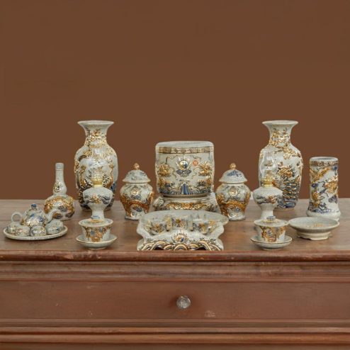 Bộ Đồ Thờ Thần Tài Vẽ Vàng Cao Cấp Gốm Sứ Bát Tràng BDT182