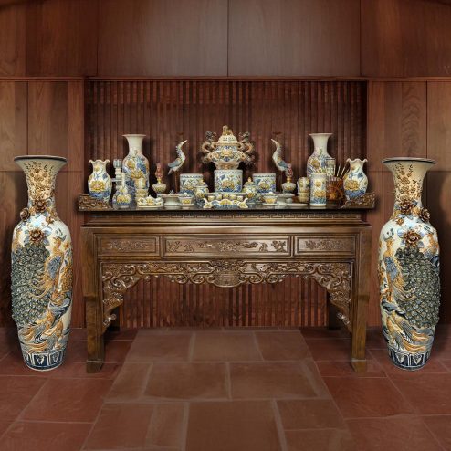 Combo Bộ Đồ Thờ Gốm Sứ Bát Tràng Men Rạn Đắp Nổi Đầy Đủ BDT177