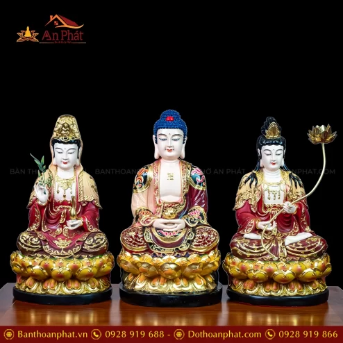 Bộ Tượng Tây Phương Tam Thánh Ngồi Composite Vẽ Màu Dát Vàng T2343