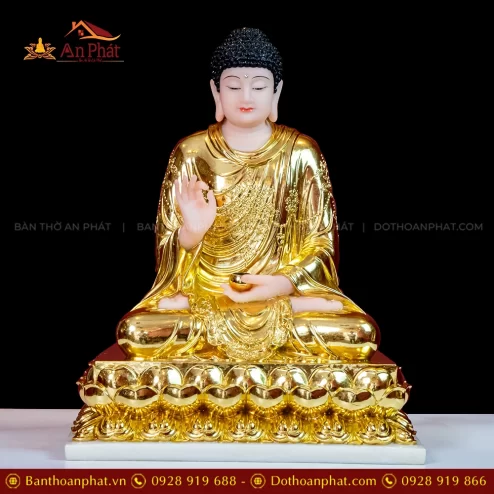 Tượng Bổn Sư Thích Ca Mâu Ni Đá Thạch Anh Dát Vàng Tọa Đài Sen T2304