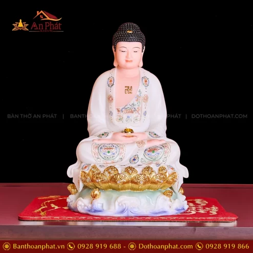 Tượng Bổn sư Thích ca Mâu Ni Tọa Đài Sen Trắng Vẽ Gấm T2321