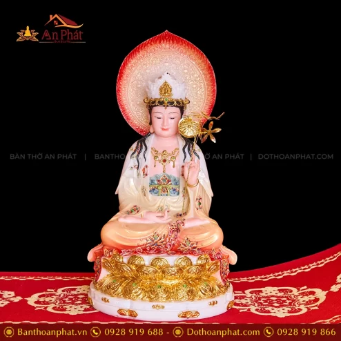 Tượng Đại Thế Chí Tọa Đài Sen Cam Loang Dát Vàng T2327