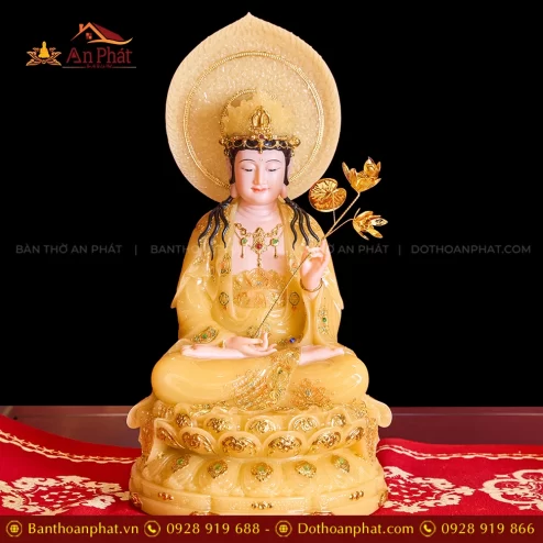 Tượng Đại Thế Chí Tọa Đài Sen Vàng Thạch Anh Có Lá Đề T2324