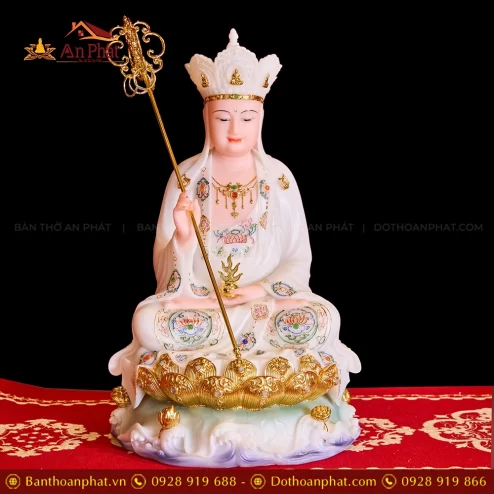 Tượng Địa Tạng Tọa Đài Sen Trắng Vẽ Gấm T2320