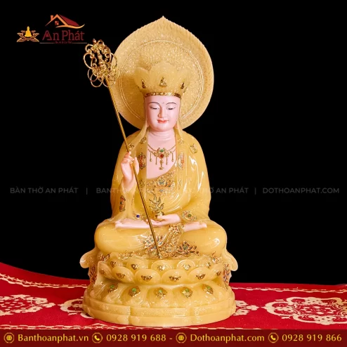 Tượng Địa Tạng Tọa Đài Sen Vàng Thạch Anh Có Lá Đề T2323