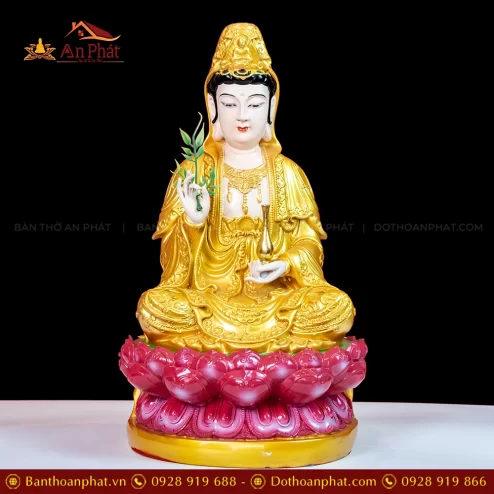Tượng Quan Âm Ngồi Composite Dát Vàng T2350