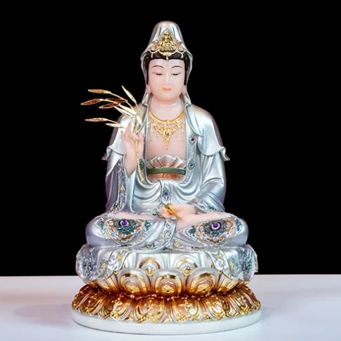 Tượng Quan Âm Ngồi Đá Thạnh Anh Xám Bạc T2344