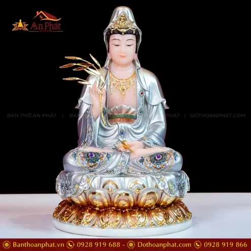 Tượng Quan Âm Ngồi Đá Thạnh Anh Xám Bạc T2344