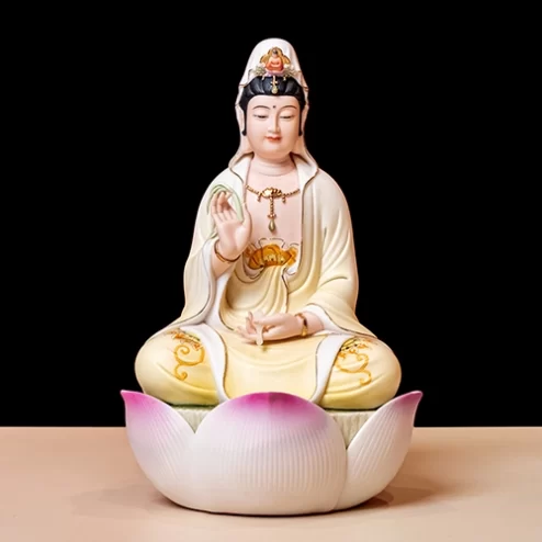 Tượng Quan Âm Ngồi Sứ Đức Hóa Tọa Đài Sen Vẽ Gấm T2347