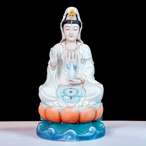 Tượng Quan Âm Sứ Đức Hóa Tọa Đài Sen Màu Đỏ Xanh T2348