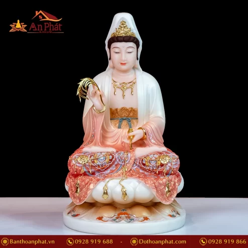 Tượng Quan Âm Tọa Đài Sen Đá Thạch Anh Cam Vàng T2301