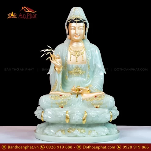 Tượng Quan Âm Tọa Đài Sen Hiệu ứng Đồng Xanh lá T2377