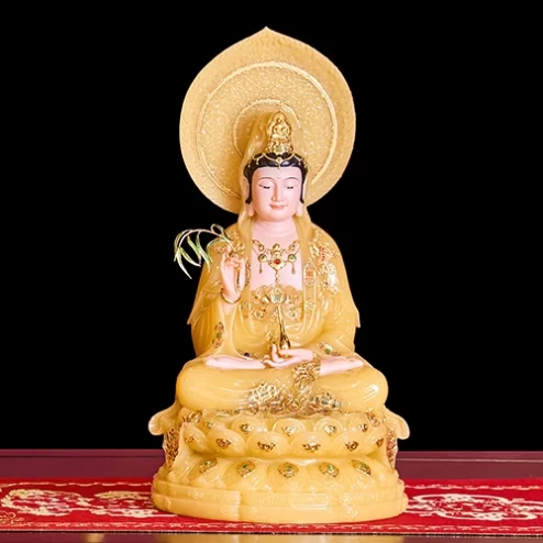 Tượng Quan Âm Tọa Đài Sen Vàng Thạch Anh Có Lá Đề T2326