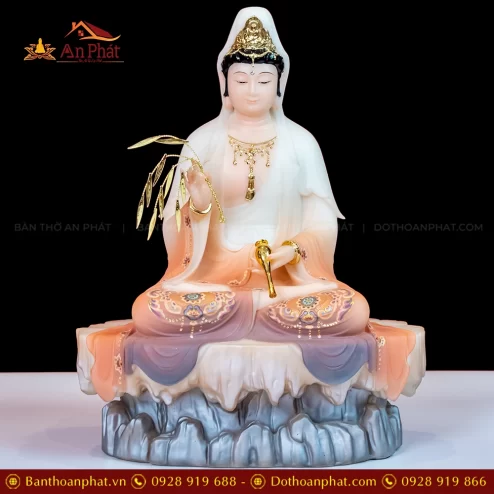 Tượng Quan Âm Tọa Sơn Đá Thạch Anh Màu Hồng Xám T2345