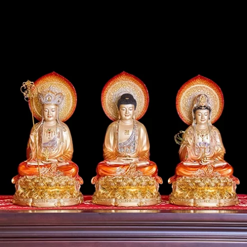 Tượng Ta Bà Tam Thánh Đá Hiệu Ứng Đồng Tọa Đài Sen Đỏ Ánh Kim Dát Vàng Có Lá Đề T2318